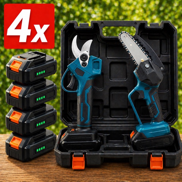 Electric pruning shears and mini chainsaw kit with four batteries